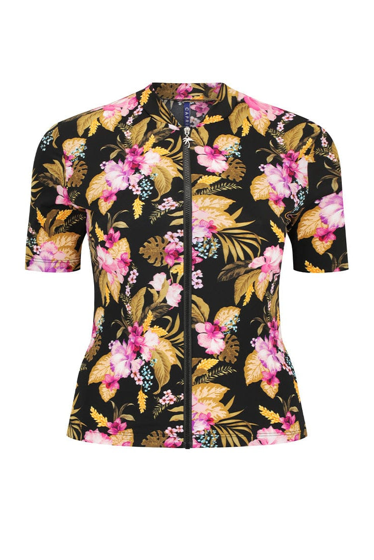 Ghost mannequin of short sleeve short vest in chlorine resistant tropical floral print