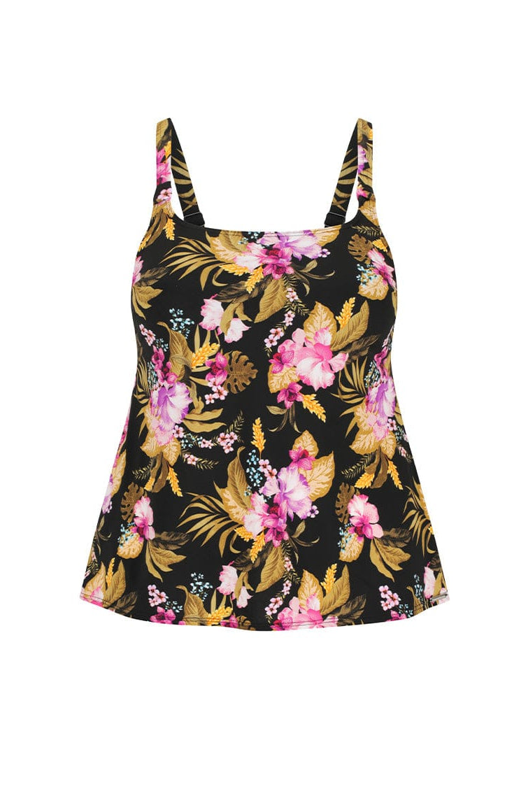 Ghost mannequin of pink and gold floral square neck tankini top