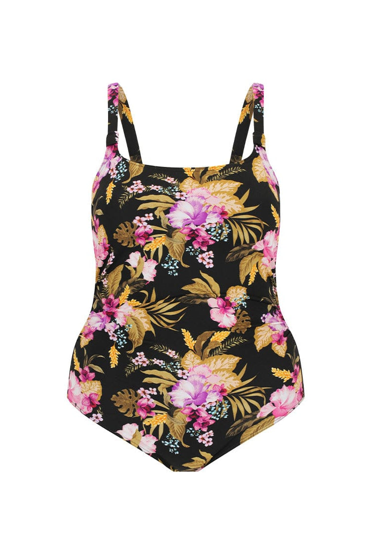 Ghost mannequin of tropical floral chlorine resistant one piece swimsuit