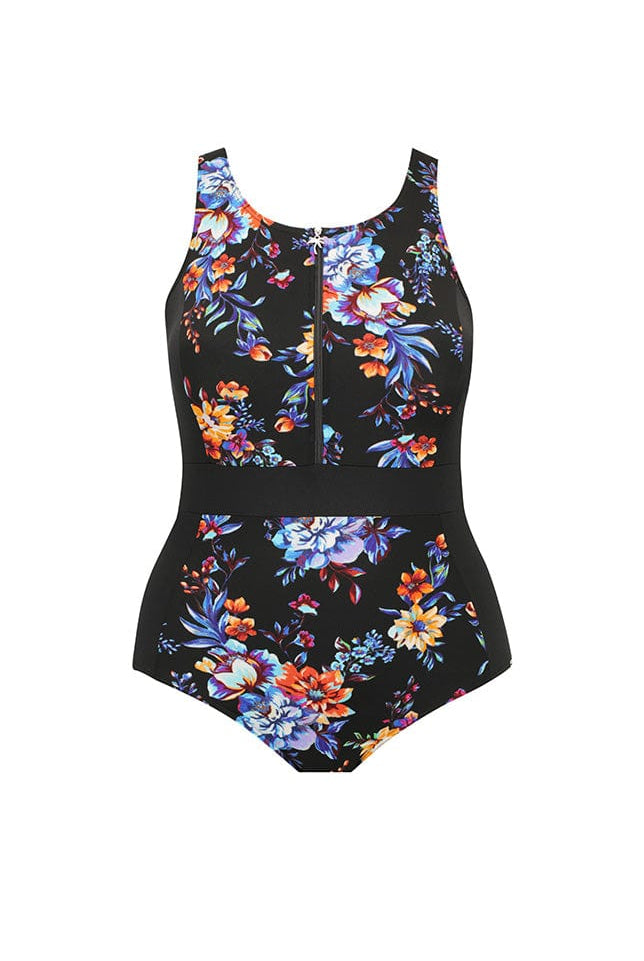 Ghost mannequin black blue and orange floral swimsuit with zip front