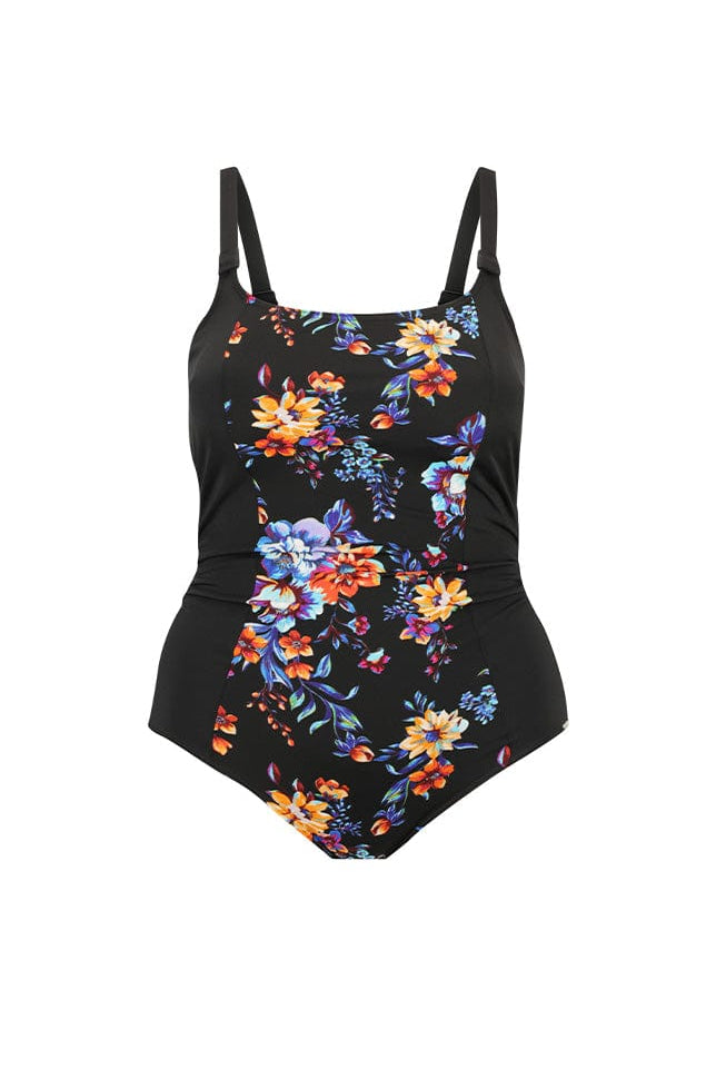 Ghost mannequin black, blue and orange floral one piece