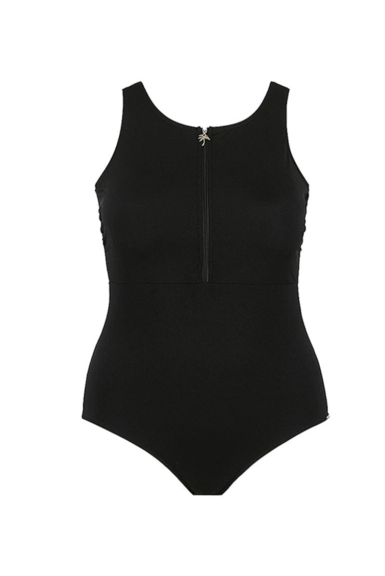 Ghost Mannequin Chlorine Resistant Sleeveless Black Zip Front One Piece
