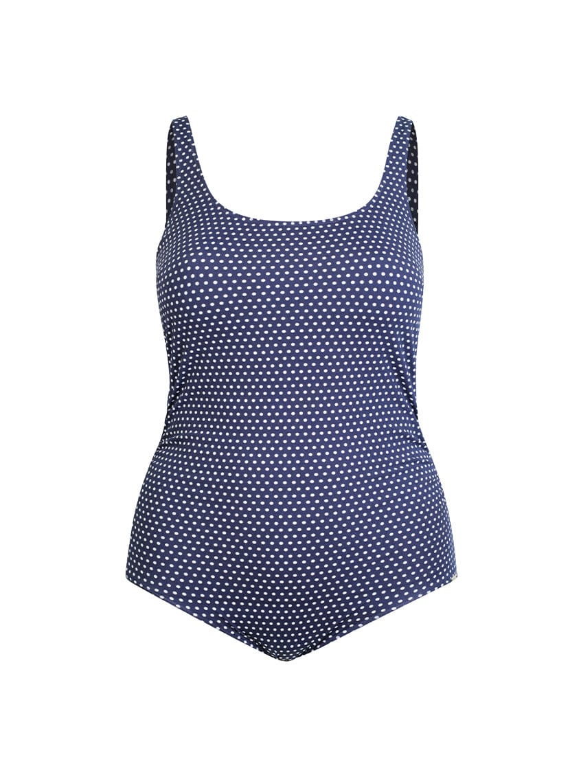 Ghost mannequin navy and white dots tank one piece
