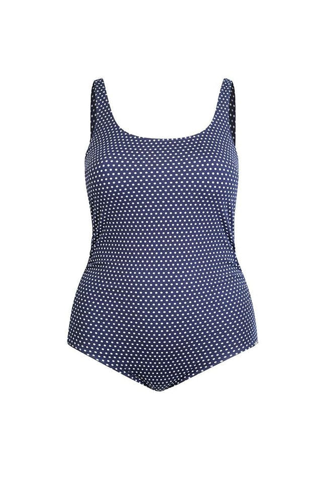 Ghost mannequin navy and white dots tank one piece