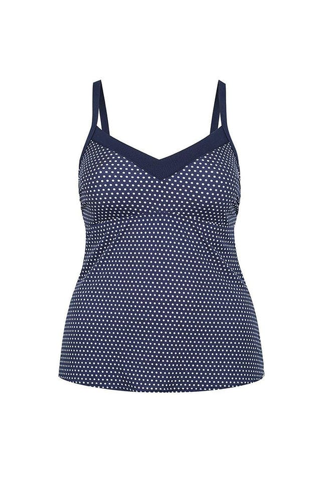 Ghost mannequin navy and white dots underwire tankini top