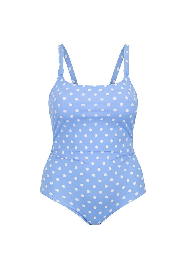 Ghost mannequin of retro vintage dots swimsuit in blue and white spots
