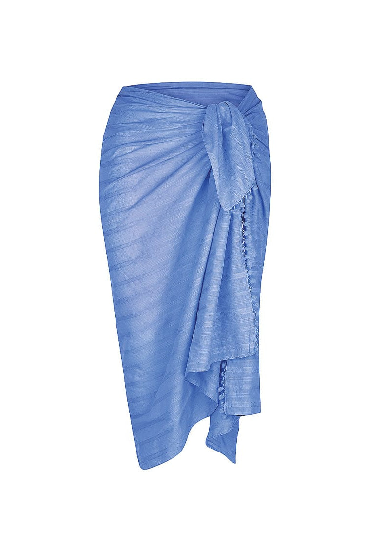 Ghost mannequin of cobalt blue pom pom skirt