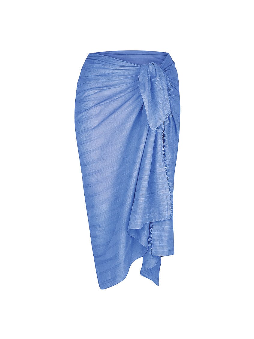 Ghost mannequin of cobalt blue pom pom skirt