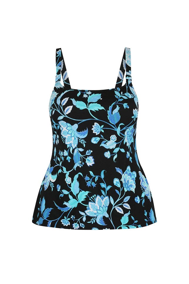 Ghost mannequin black and teal floral tankini top