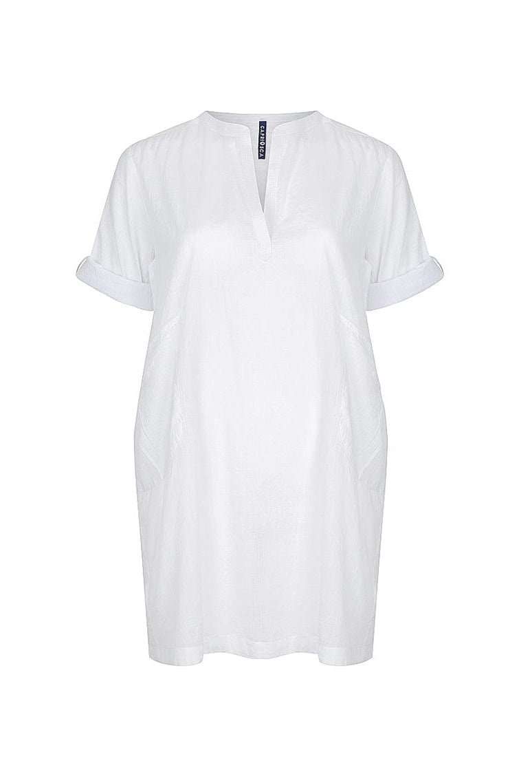 Ghost mannequin of white cotton overshirt dress with button up sleeves
