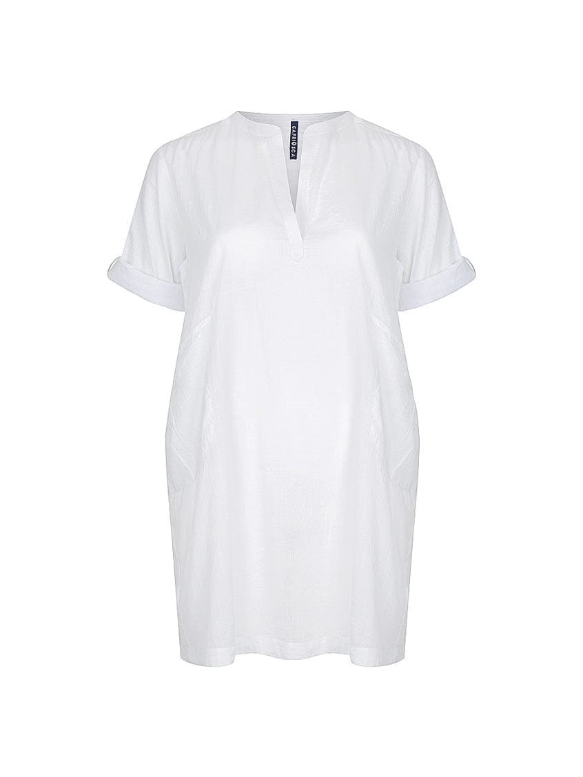 Ghost mannequin of white cotton overshirt dress with button up sleeves