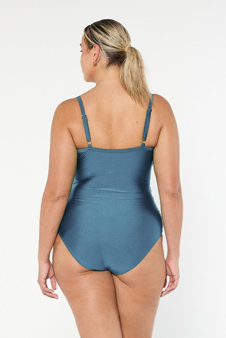 model showing back of shiny grey women's one piece