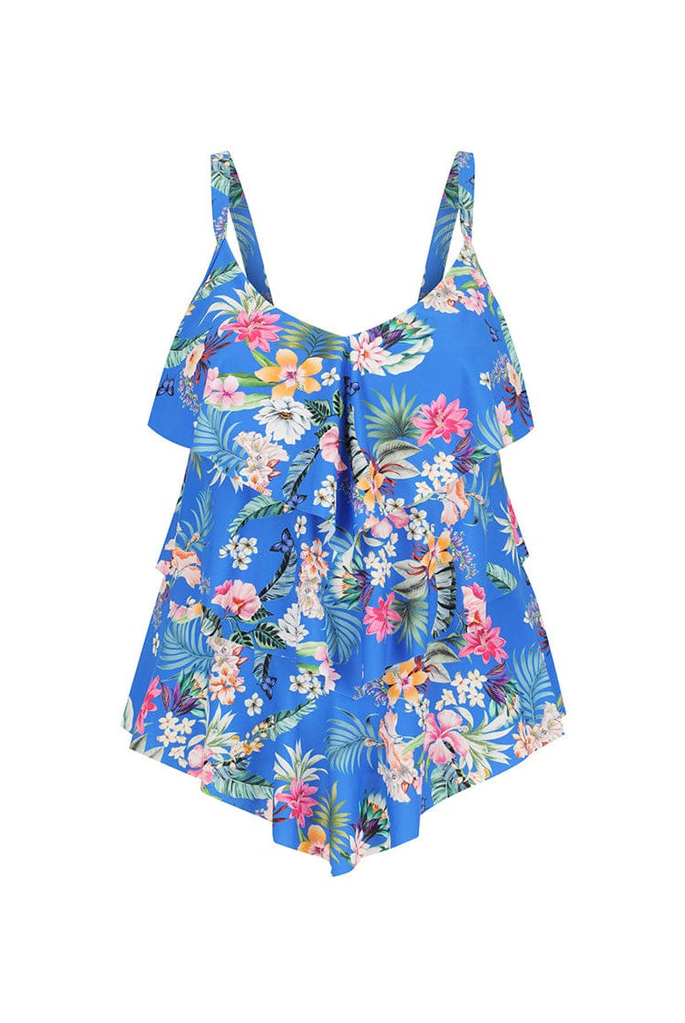 Ghost mannequin of 3 tiered tankini top in blue floral print