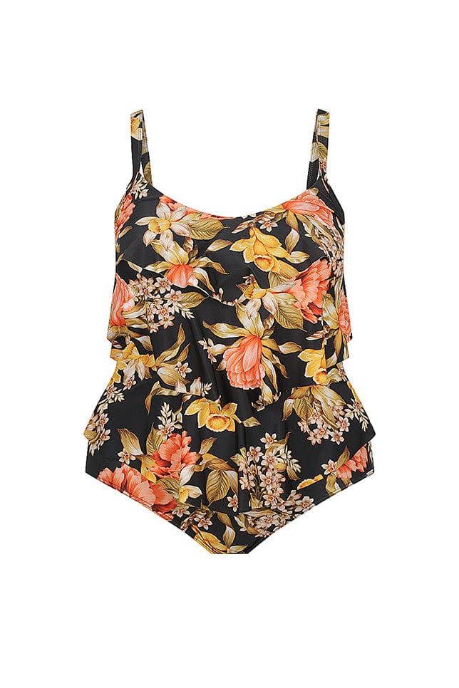 Ghost mannequin wearing yellow, orange and black printed 3 tier one piece