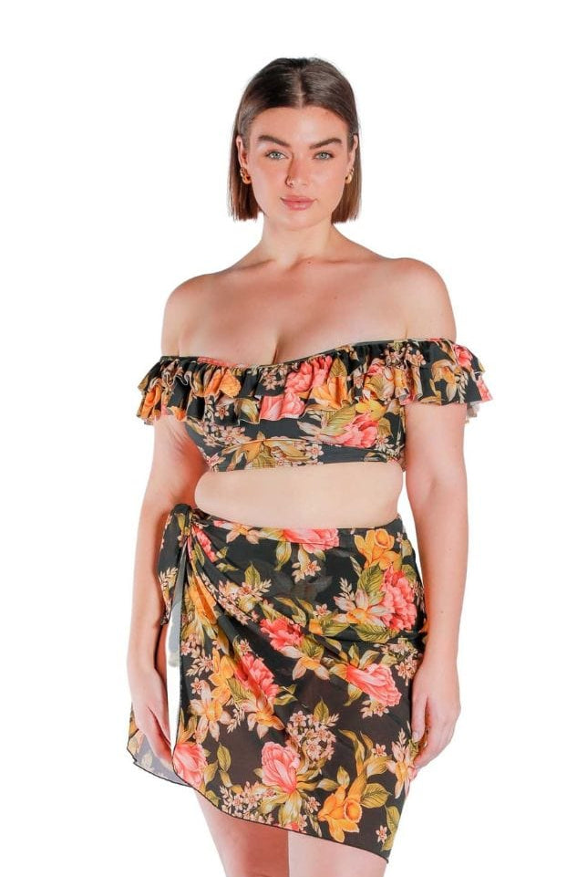 Model wearing a black floral mesh wrap skirt