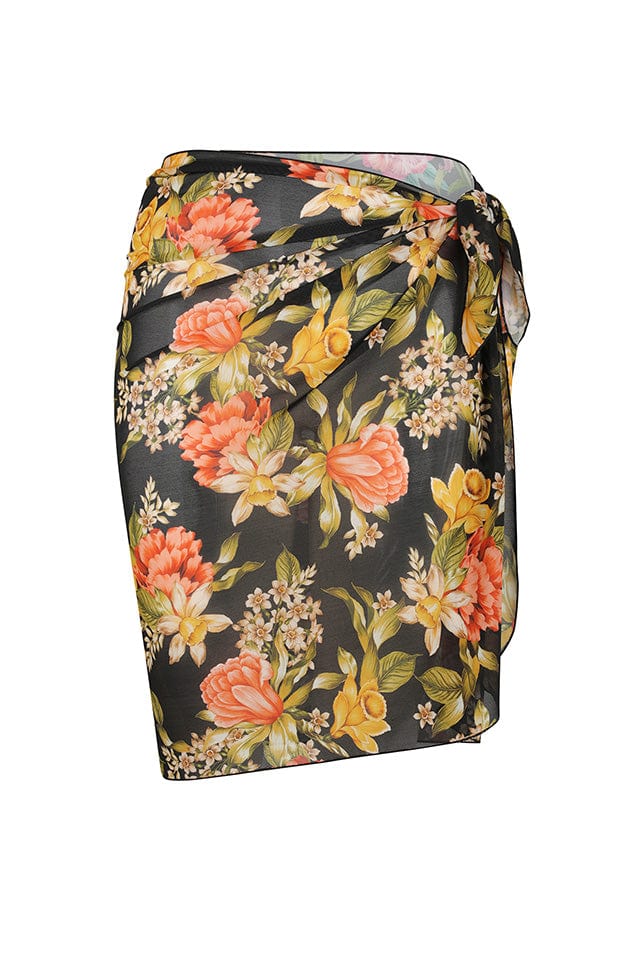 Ghost mannequin floral and black printed long mesh tie side wrap skirt