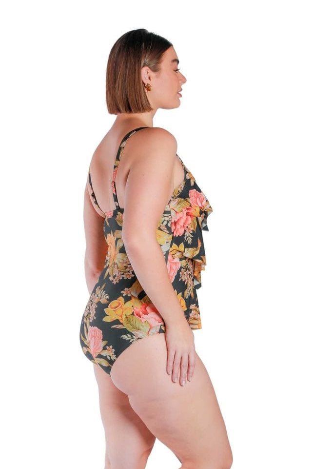 side profile of model wearing yellow, orange and black printed 3 tier one piece