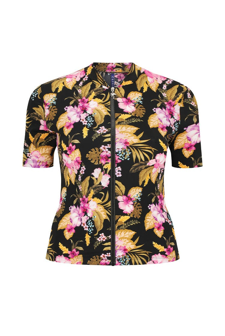 Ghost mannequin of short sleeve short vest in chlorine resistant tropical floral print
