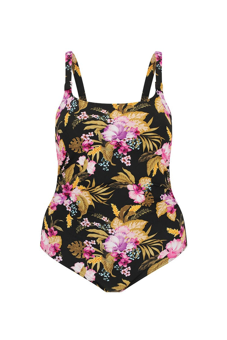 Ghost mannequin of tropical floral chlorine resistant one piece swimsuit