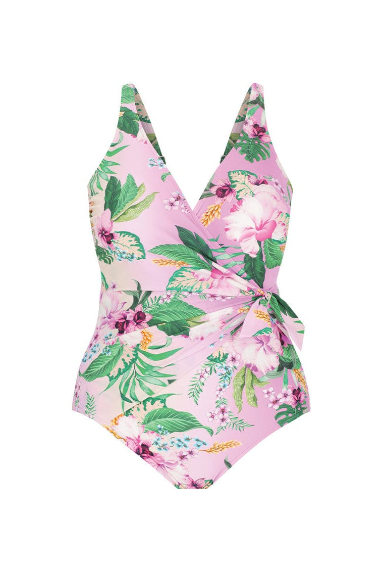 Ghost mannequin of v neck one piece with crossover tie detail