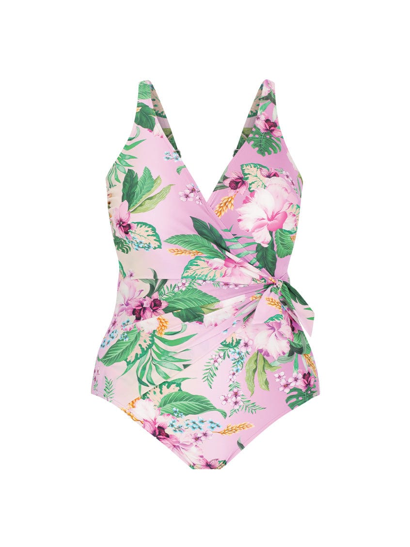 Ghost mannequin of v neck one piece with crossover tie detail