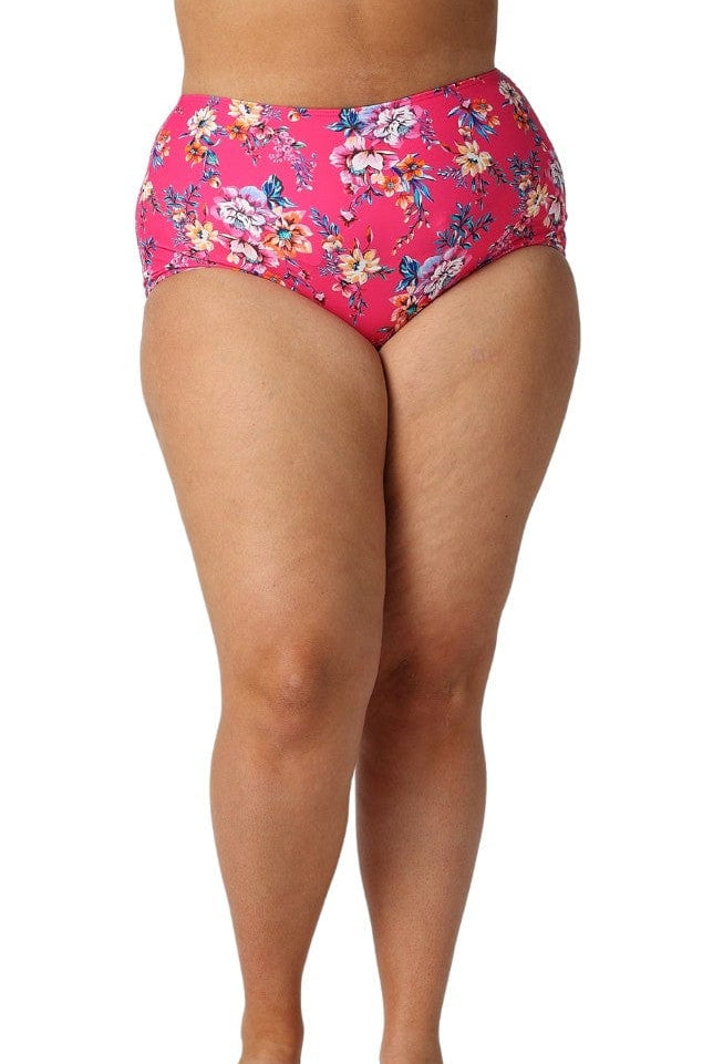 Model wearing hot pink floral bikini bottoms