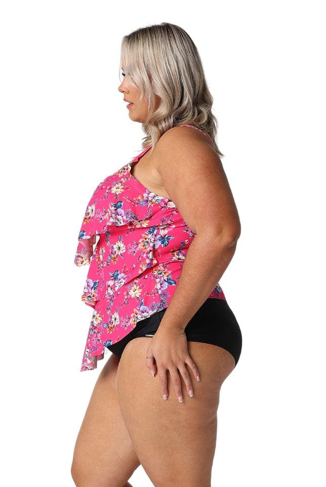 Model showing side of pink floral ruffle tankini top