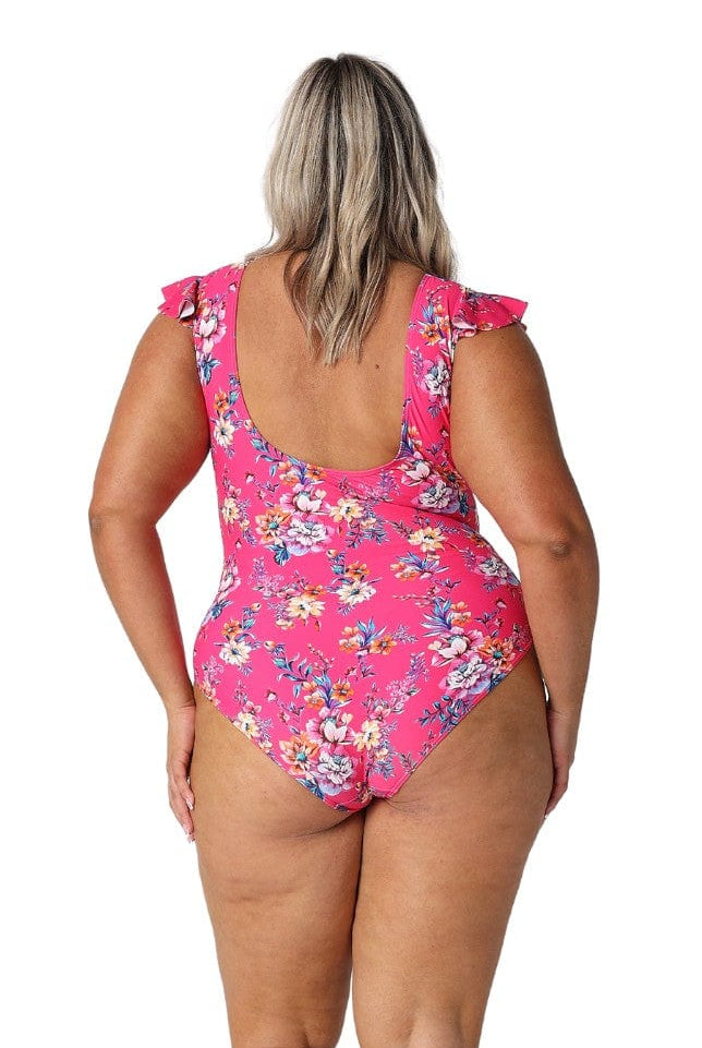 Model showing scooped back of hot pink floral one piece swimsuit