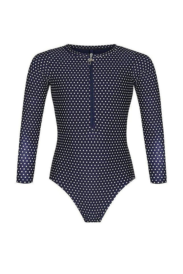 Ghost mannequin kids navy and white dots long sleeve one piece