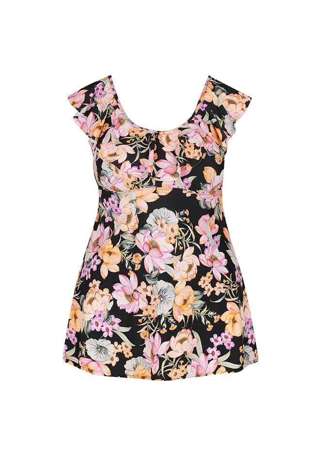 Ghost mannequin black and orange floral frill neck swim dress
