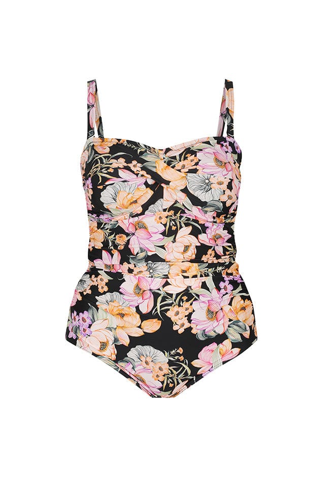 Ghost mannequin black and orange floral twist bandeau one piece with removable straps 