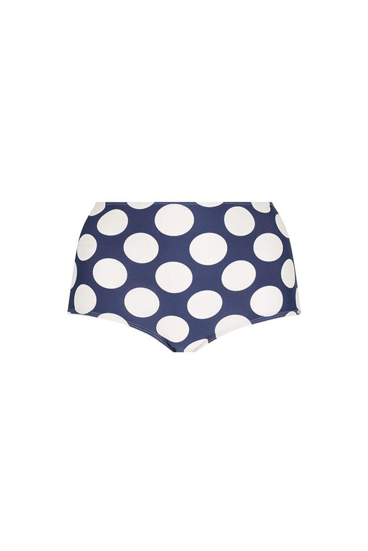 Ghost mannequin of womens high waisted swim pant in navy and white large polkadot