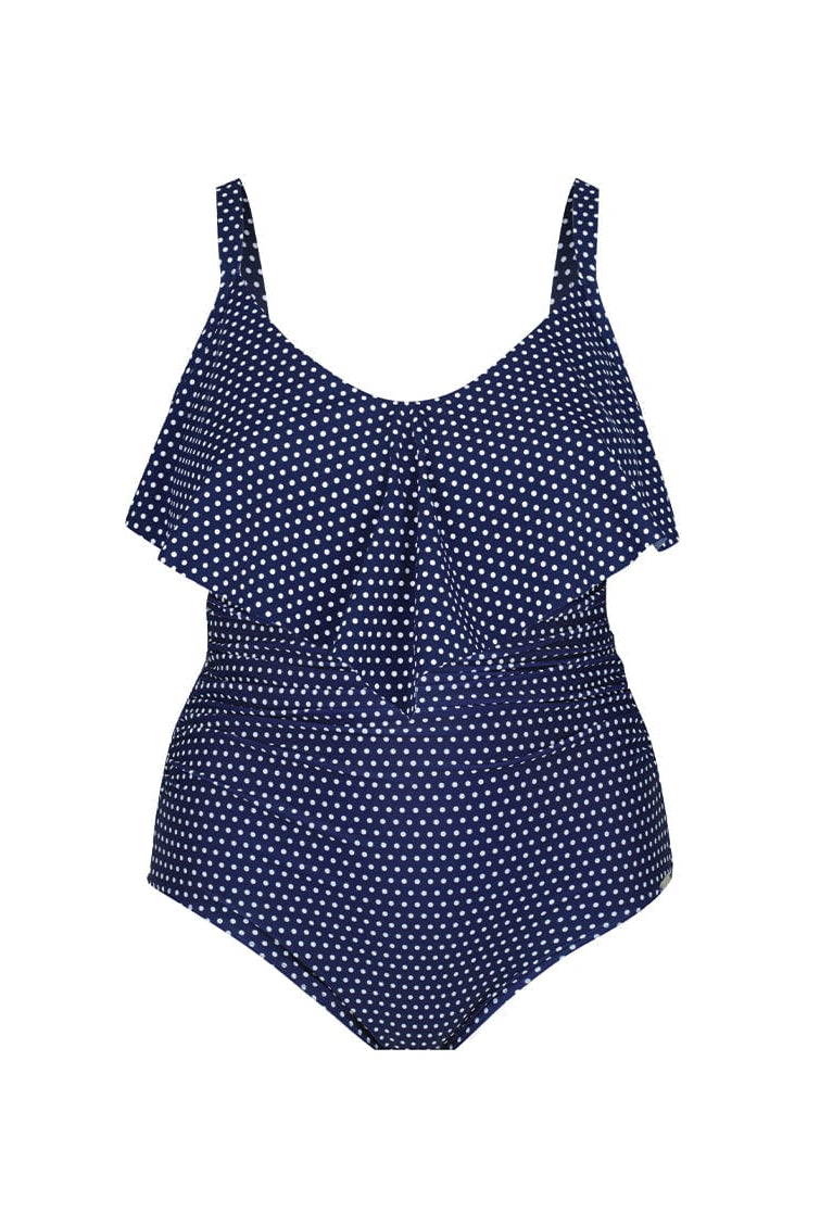 Navy blue swimsuit with white polka dots
