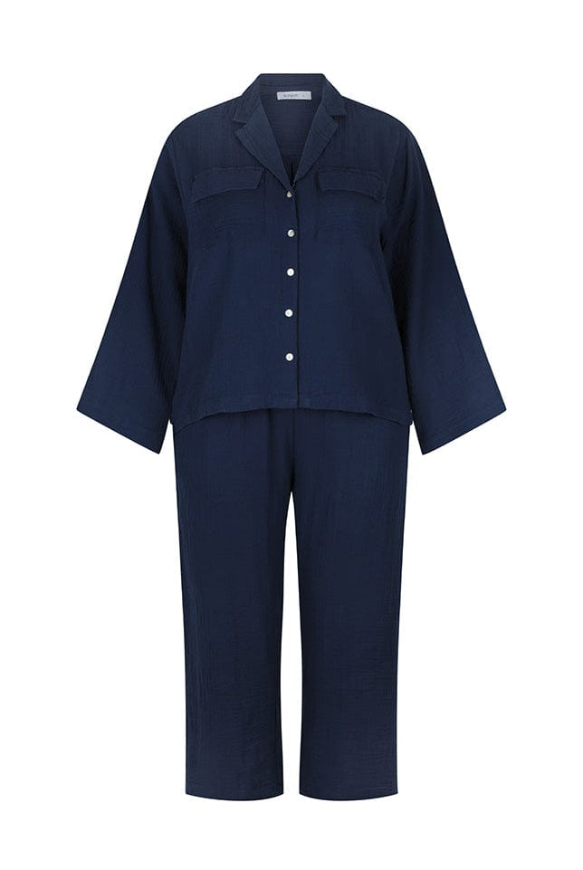 ghost mannequin of navy crepe long sleeve and long pant loungewear set