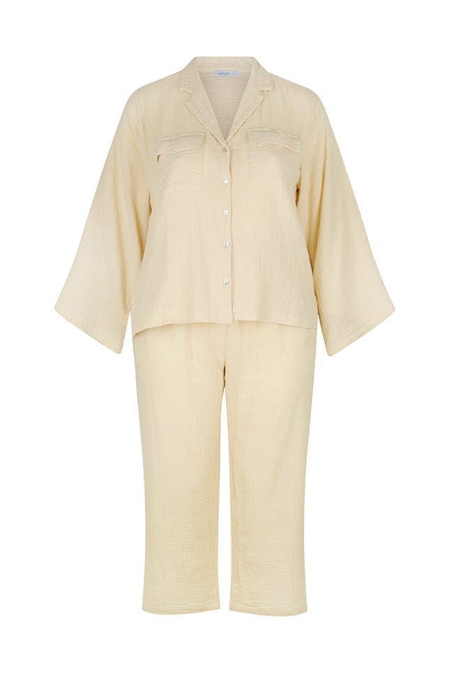 ghost mannequin of taupe coloured crepe cotton lounge wear set with long sleeves