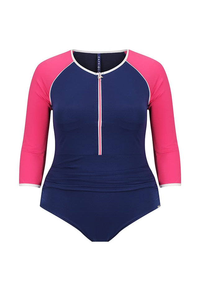 Ghost mannequin navy and pink cropped sleeve one piece