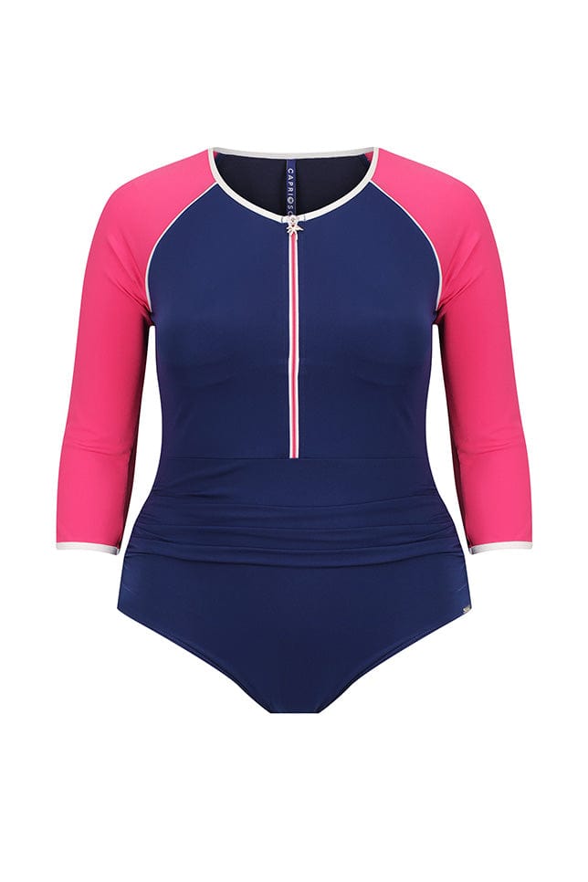 Ghost mannequin navy and pink cropped sleeve one piece