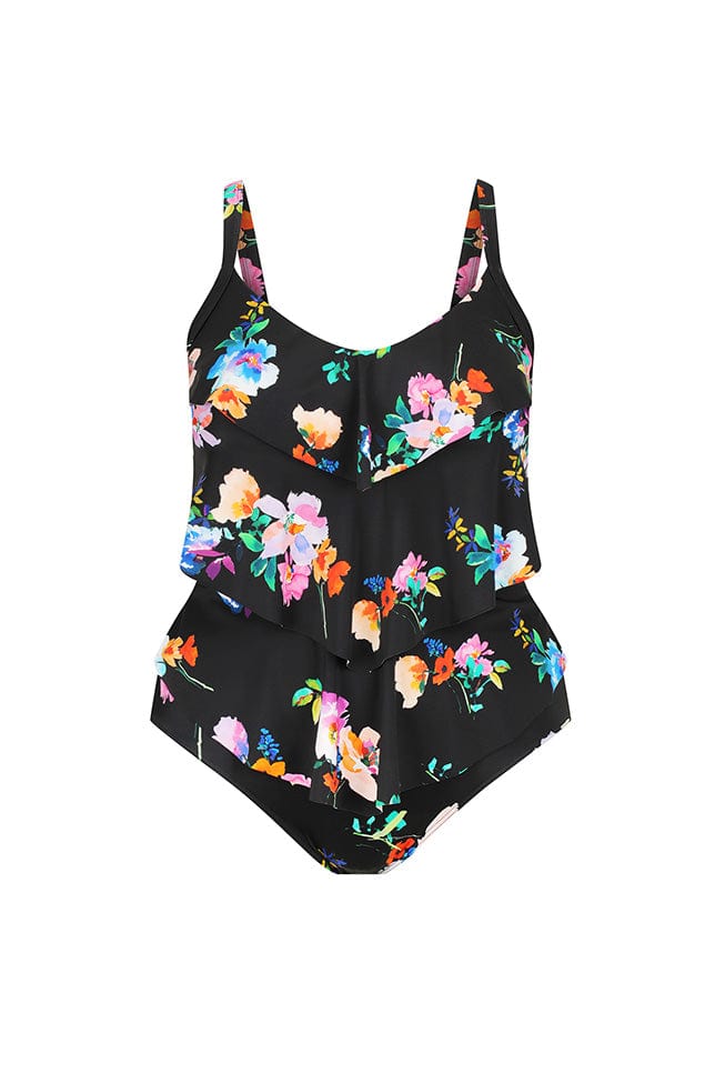 Ghost mannequin black and bright floral tiered one piece swimsuit