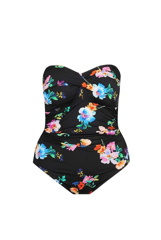 Ghost mannequin black and bright floral strapless swimsuit