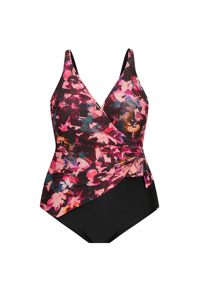 Ghost mannequin pink floral crossover one piece swimsuit