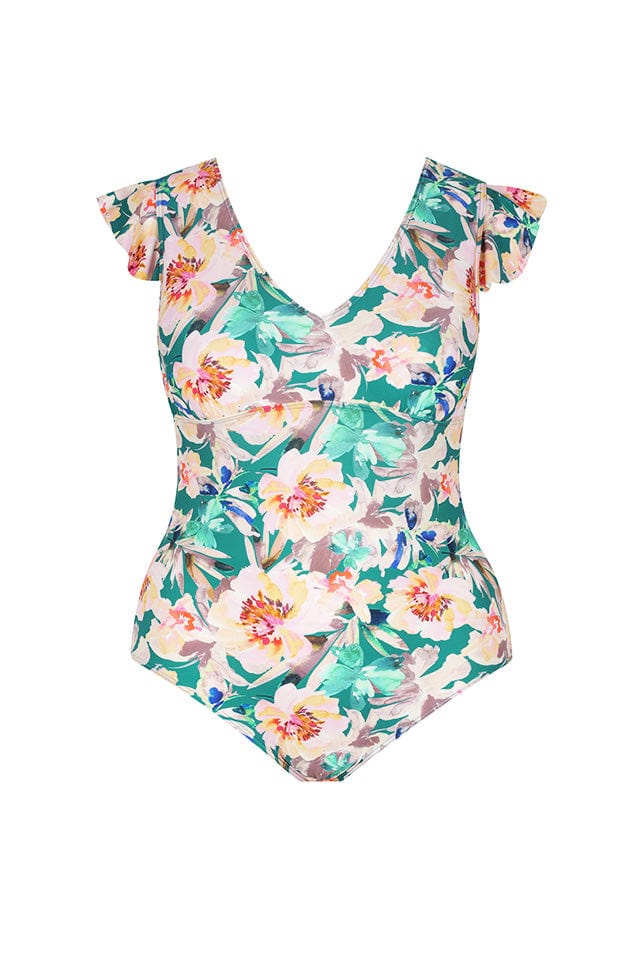Ghost mannequin of v neck frill one piece in green floral