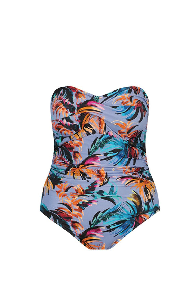 Ghost mannequin tropical print strapless one piece