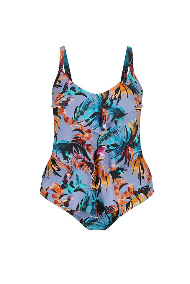 Ghost mannequin tropical print tiered one piece swimsuit
