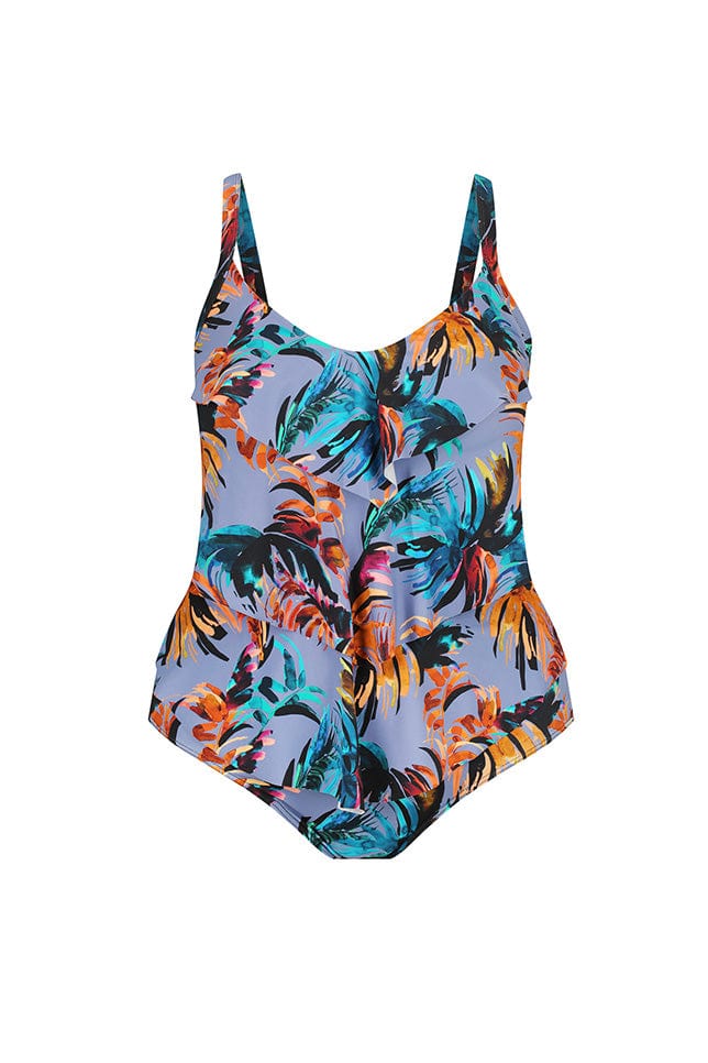 Ghost mannequin tropical print tiered one piece swimsuit