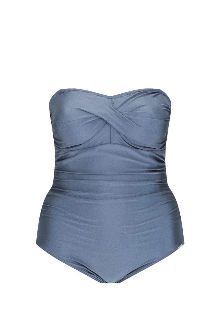 metallic grey strapless swimsuit