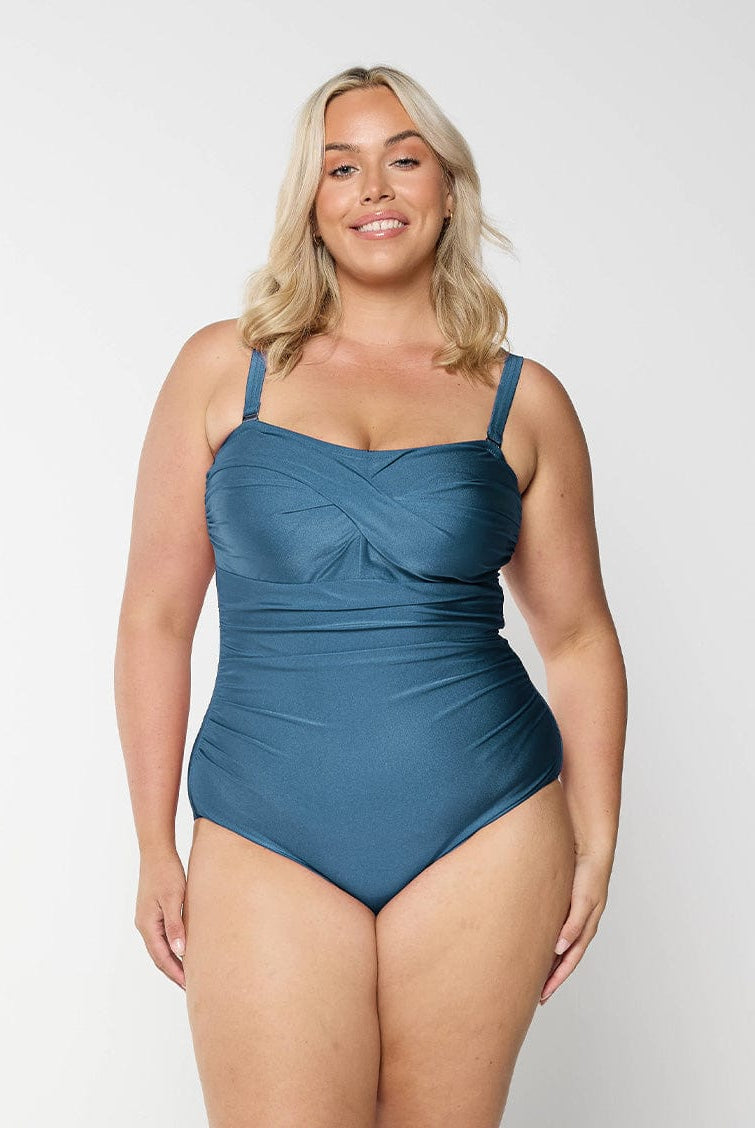 model wearing grey women's one piece