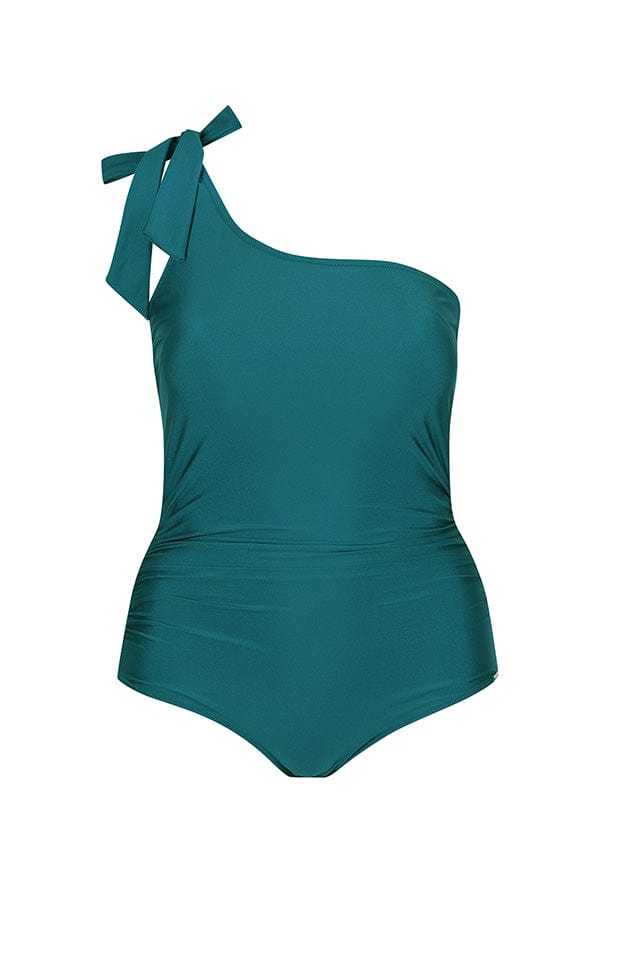 ghost mannequin of metallic deep teal one piece with tie up one shoulder