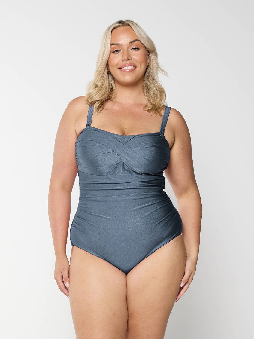 model wearing grey women's one piece