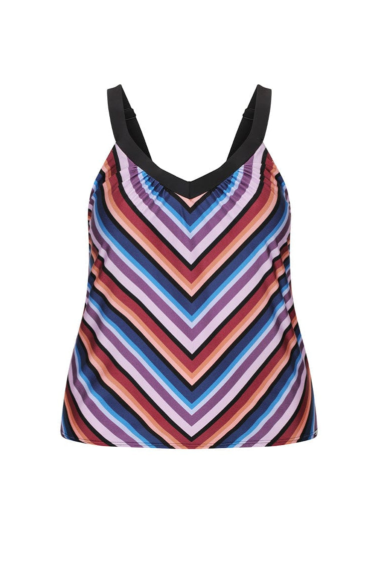 Multicolored striped tank top with black straps on a white background