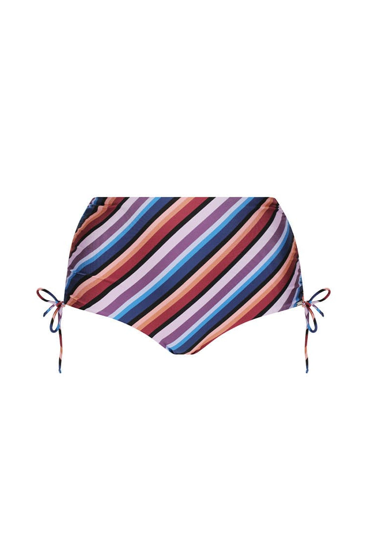 Multicolored striped bikini top on a white background